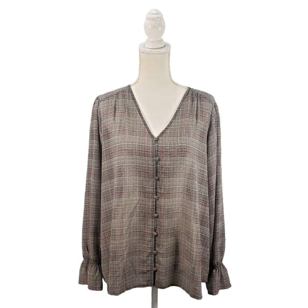 Maurices Women’s Large Plaid V-Neck Button Front Blouse Long Sleeve - Picture 3 of 11